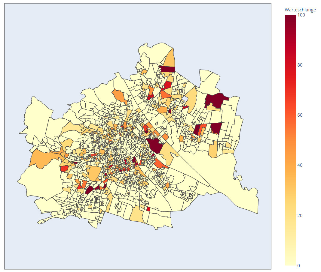 Simulation results for maximum length of queue for each of Vienna’s electoral district (“Wahlsprengel”)