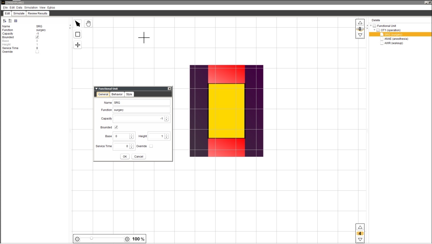 Figure 5: The edit mode in ((MODYPLAN)) allows the creation of functional units and their behavior