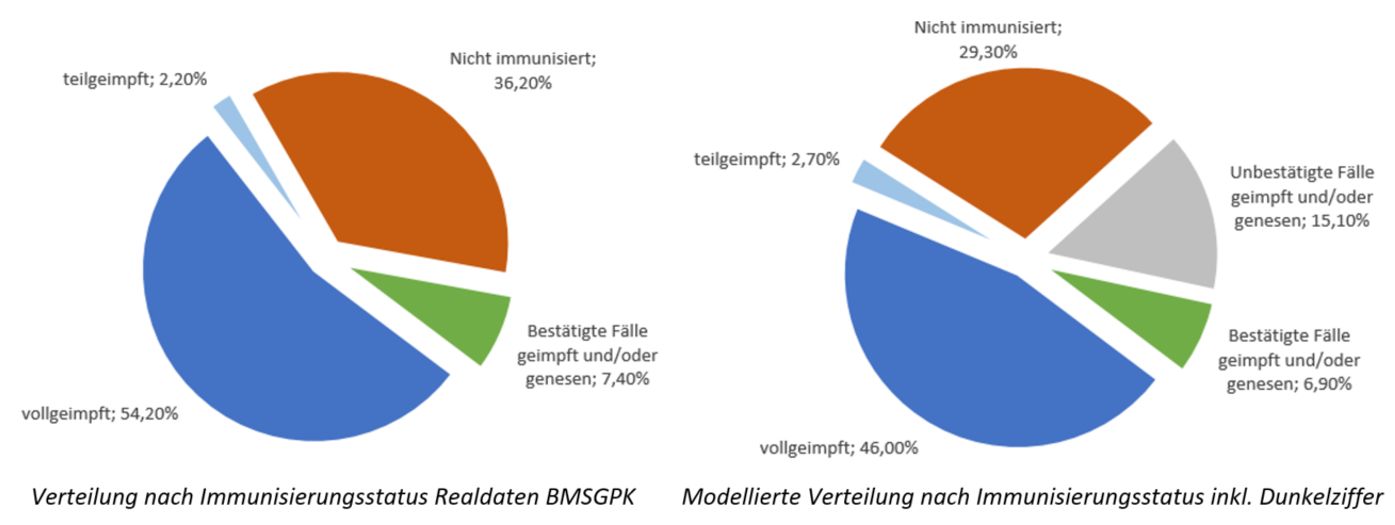 Der Vergleich zeigt eine deutlich anders gewichtet Verteilung des Immunisierungsstatus in den erhobenen Realdaten und den Simulationsergebnissen